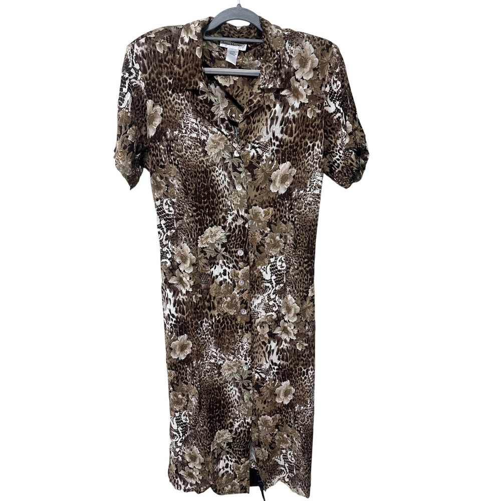 Anna Maxwell Womens 20WP Leopard Floral Shirt Dress Brown Rayon Midi Back Tie